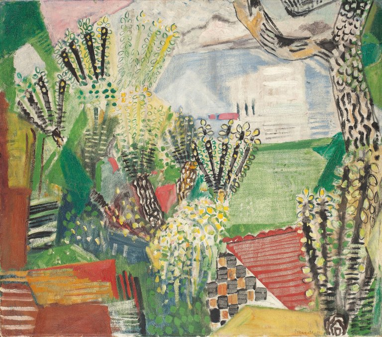 Auf diesem Bild ist das folgende Kunstwerk zu sehen: Oskar Moll. „Häuser und Obstbäume“. 1934.