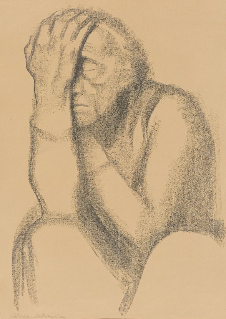 Auf diesem Bild ist das folgende Kunstwerk zu sehen: Käthe Kollwitz. „Nachdenkende Frau“. 1920.