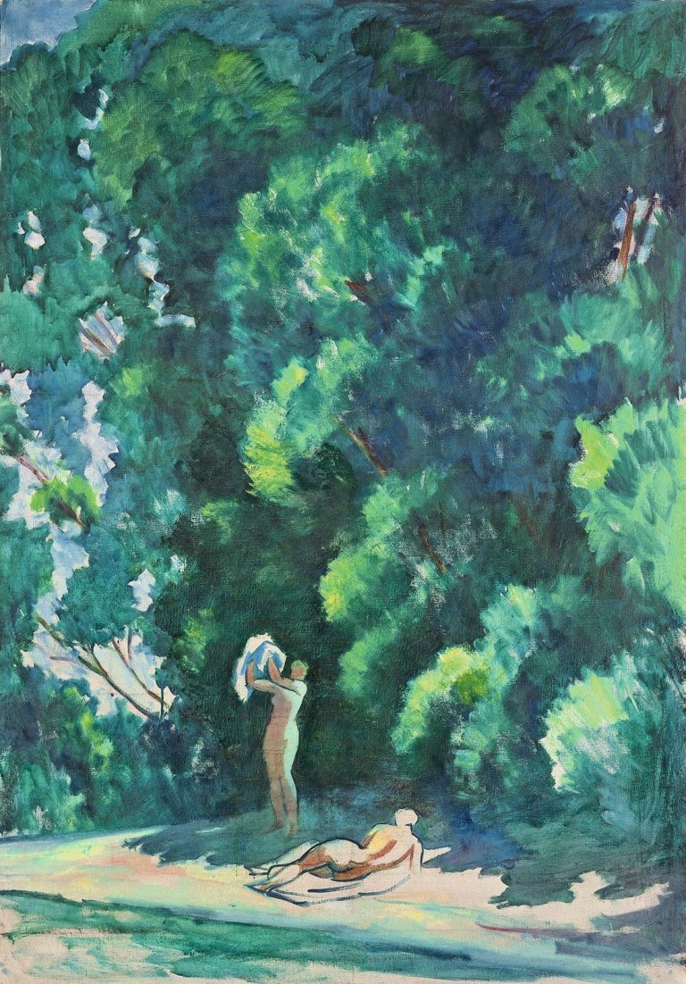 Auf diesem Bild ist das folgende Kunstwerk zu sehen: Adolf Erbslöh. „Zwei badende Mädchen (Chiemsee)“. Um 1933.