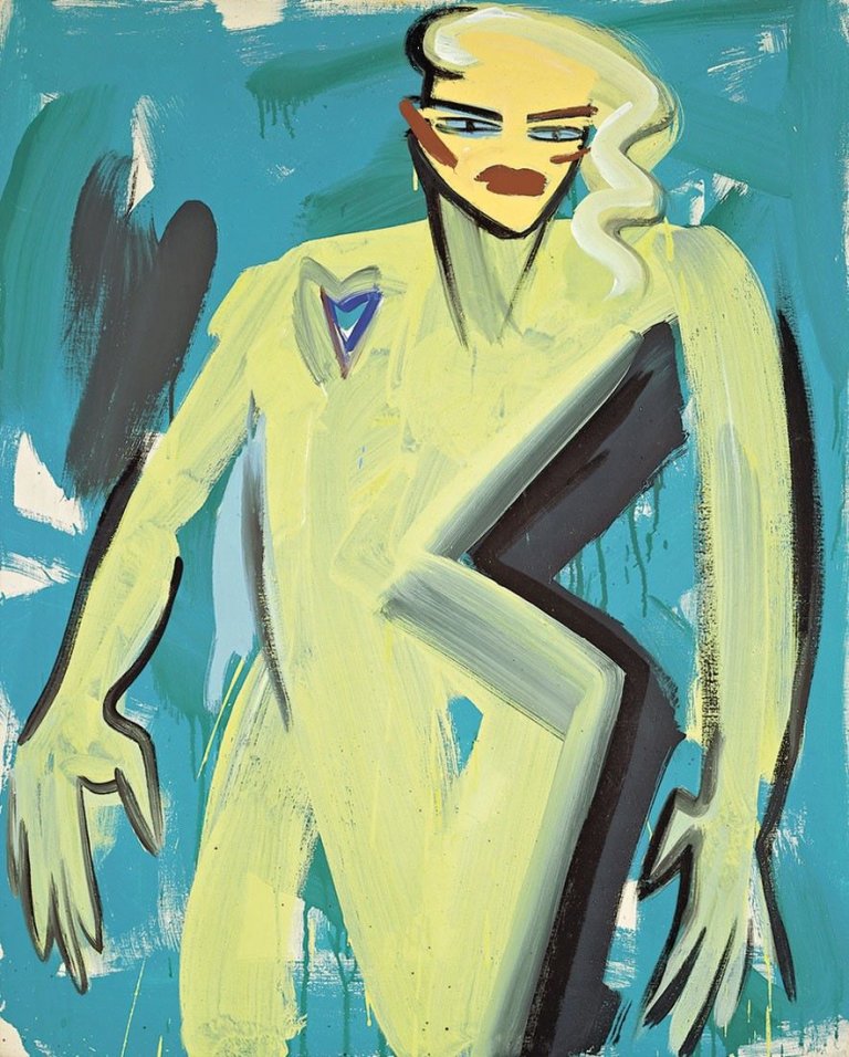 Auf diesem Bild ist das folgende Kunstwerk zu sehen: Elvira Bach. „Warum sieht mich mein Herz so an“. 1985.