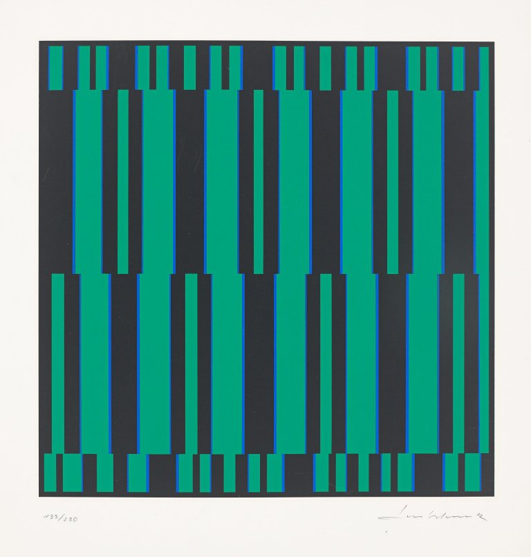 Auf diesem Bild ist das folgende Kunstwerk zu sehen: Günter Fruhtrunk. „Gestautes Grün“. Wohl Mitte 1960er Jahre.