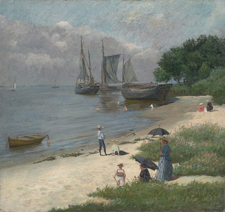 Auf diesem Bild ist das folgende Kunstwerk zu sehen:  Deutsch, um 1880. Am Elbstrand.