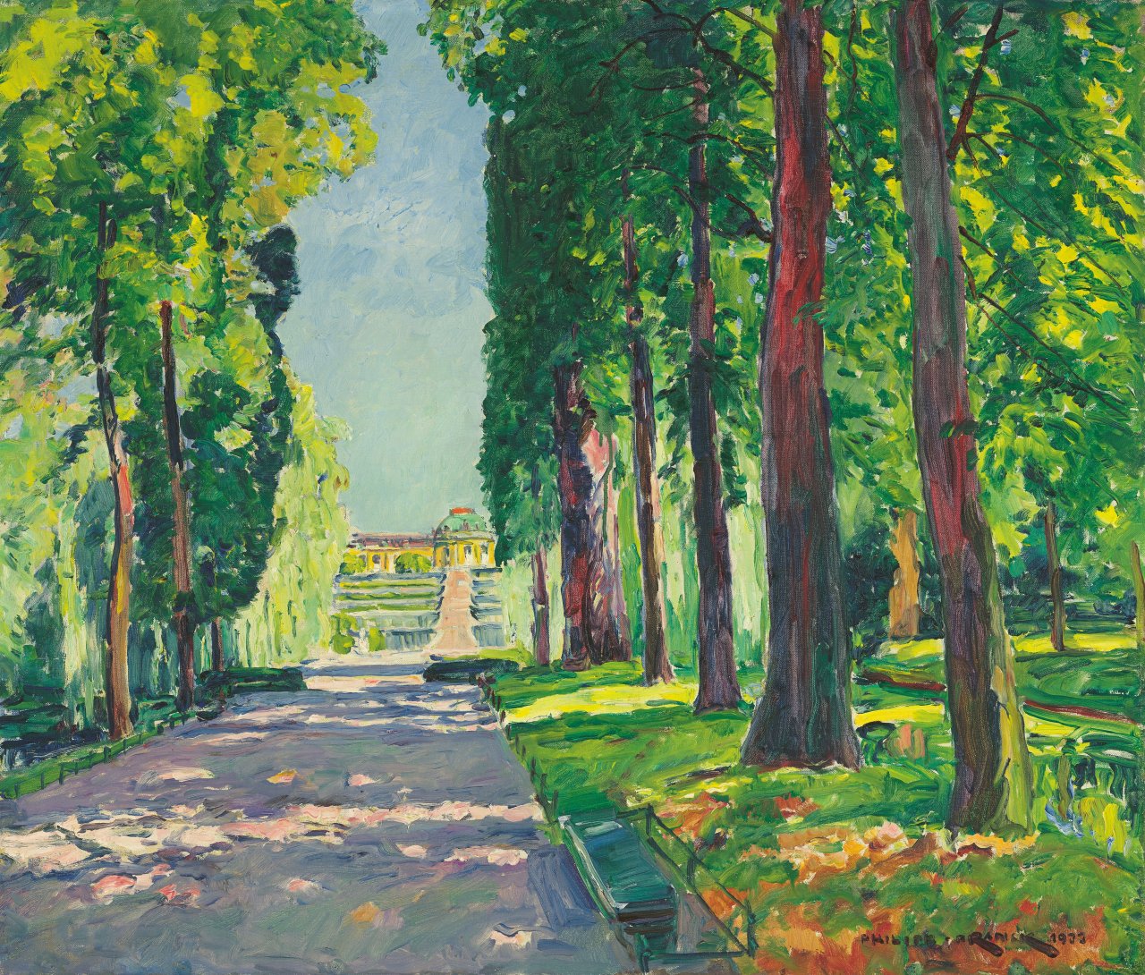 Auf diesem Bild ist das folgende Kunstwerk zu sehen: Philipp Franck. „Blick auf Schloss Sanssouci in Potsdam“. 1933.