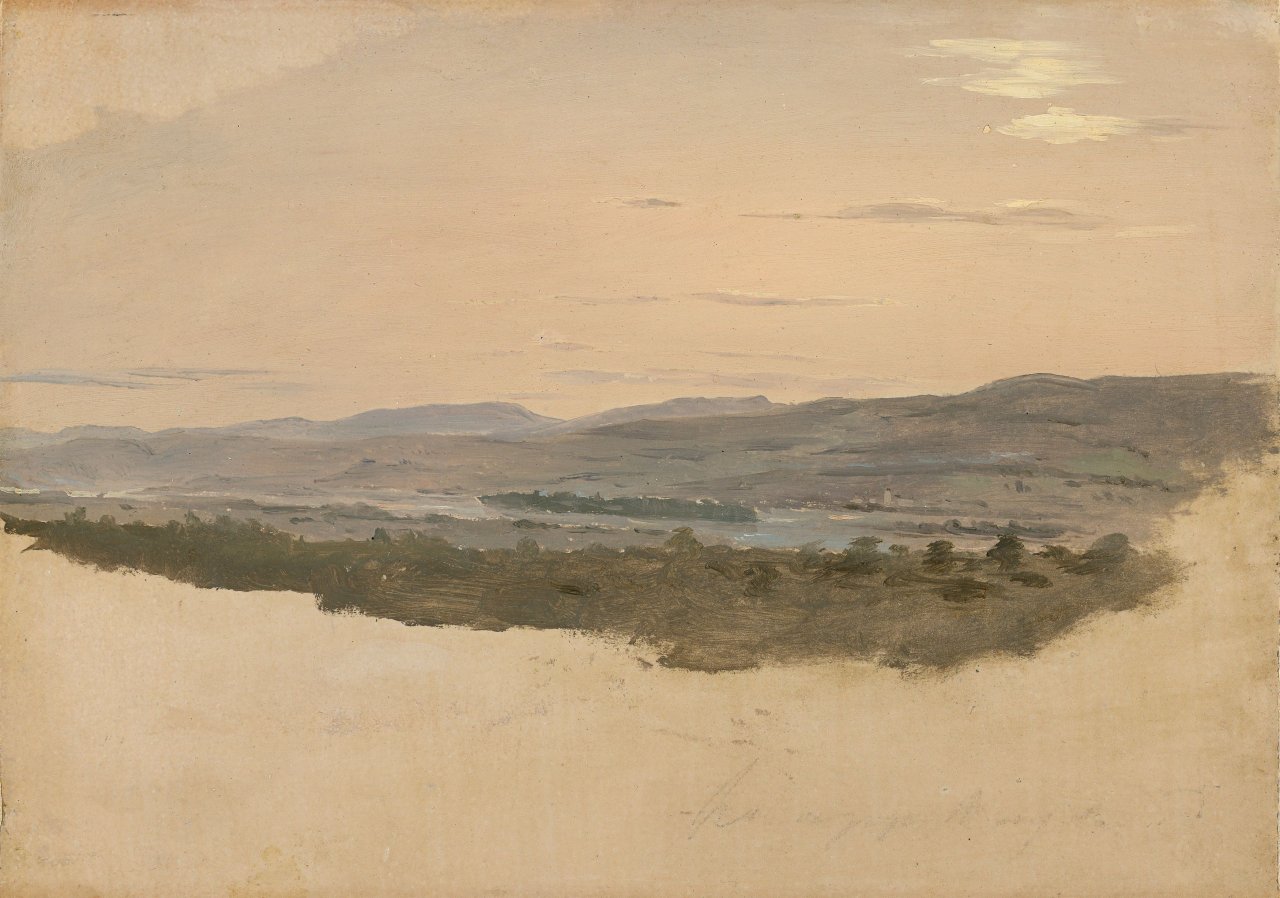 Auf diesem Bild ist das folgende Kunstwerk zu sehen:  Deutsch, um 1840. Blick auf den Rhein (bei Rüdesheim?).