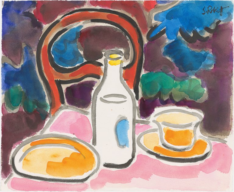 Auf diesem Bild ist das folgende Kunstwerk zu sehen: Karl Schmidt-Rottluff. „Frühstücksstillleben“. Um 1950/55.