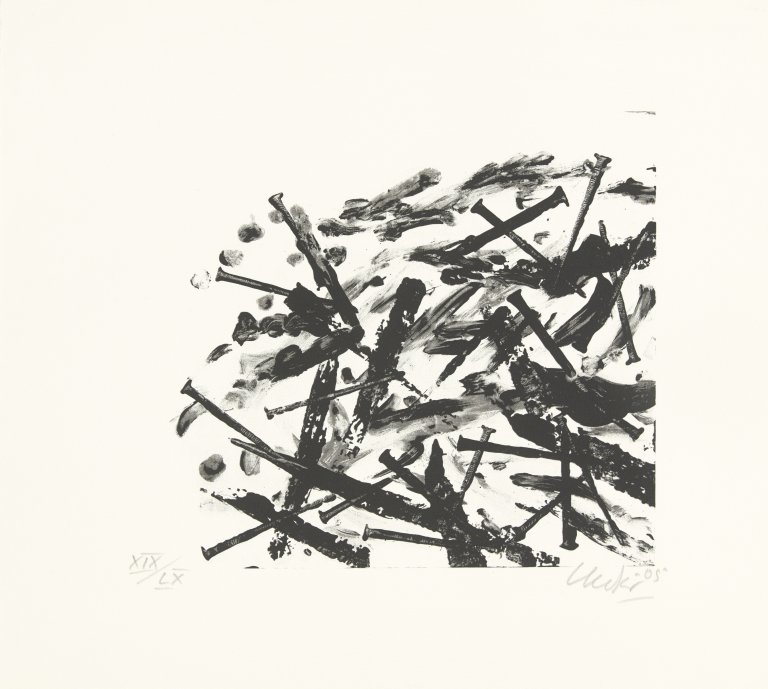 Auf diesem Bild ist das folgende Kunstwerk zu sehen: Günther Uecker. Aus: „Sarajewo“. 2005.