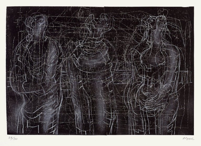 Auf diesem Bild ist das folgende Kunstwerk zu sehen: Henry Moore. „Three cloaked Figures II“. 1974.