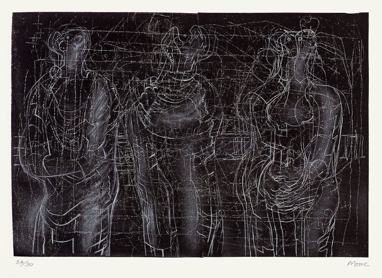 Auf diesem Bild ist das folgende Kunstwerk zu sehen: Henry Moore. „Three cloaked Figures II“. 1974.