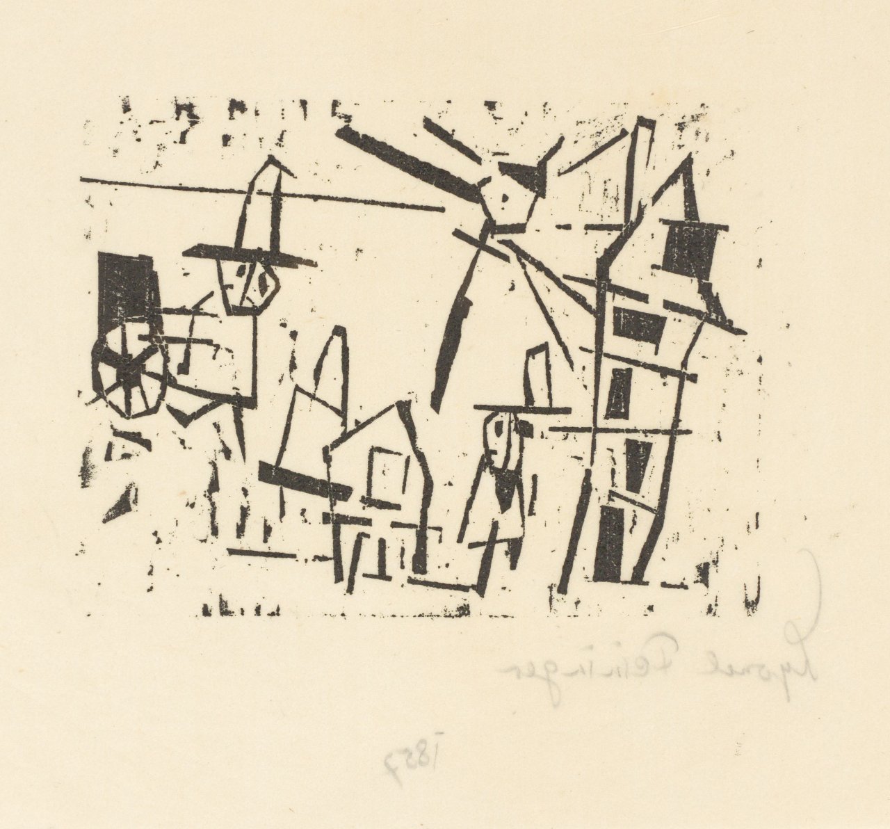 Auf diesem Bild ist das folgende Kunstwerk zu sehen: Lyonel Feininger. „Männer, Häuser, Laterne, Schiebkarren“. 1918.