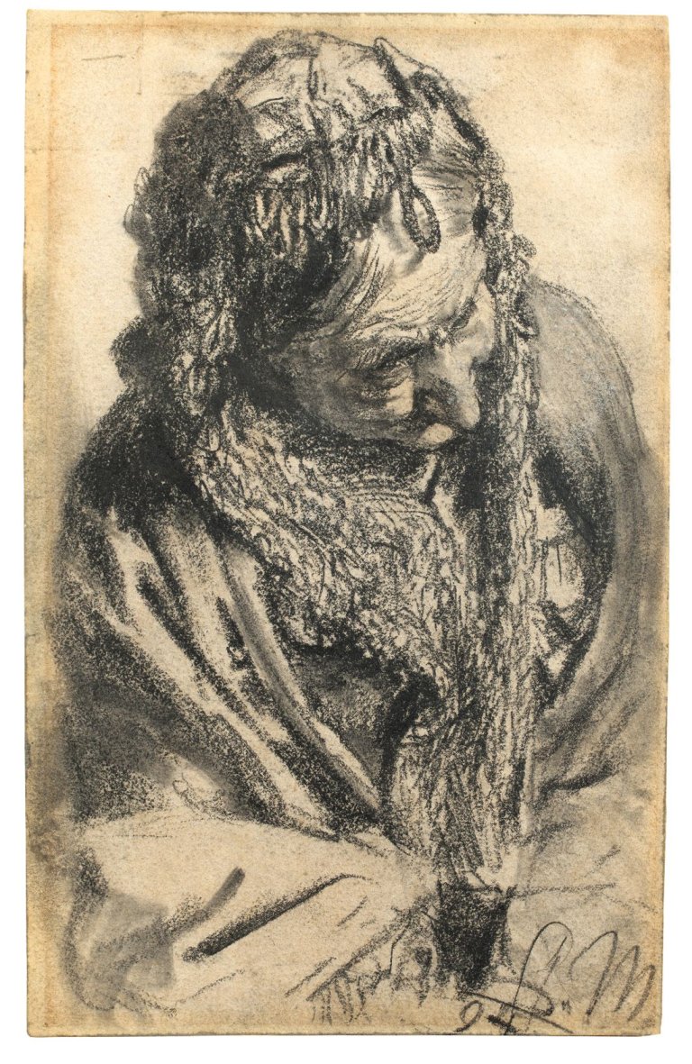 Auf diesem Bild ist das folgende Kunstwerk zu sehen: Adolph Menzel. Alte Frau mit Mantille. 1894.