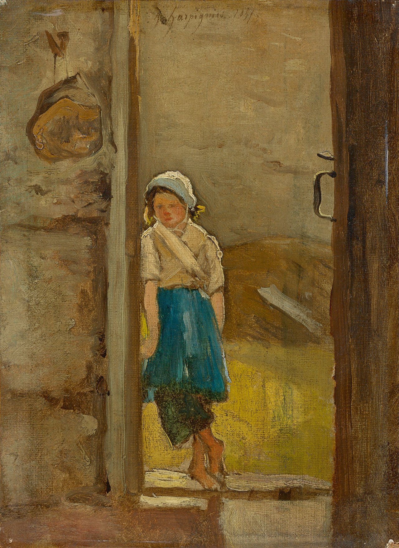 Auf diesem Bild ist das folgende Kunstwerk zu sehen: Henri-Joseph Harpignies. In der Tür stehendes Bauernmädchen. 1857 (?).