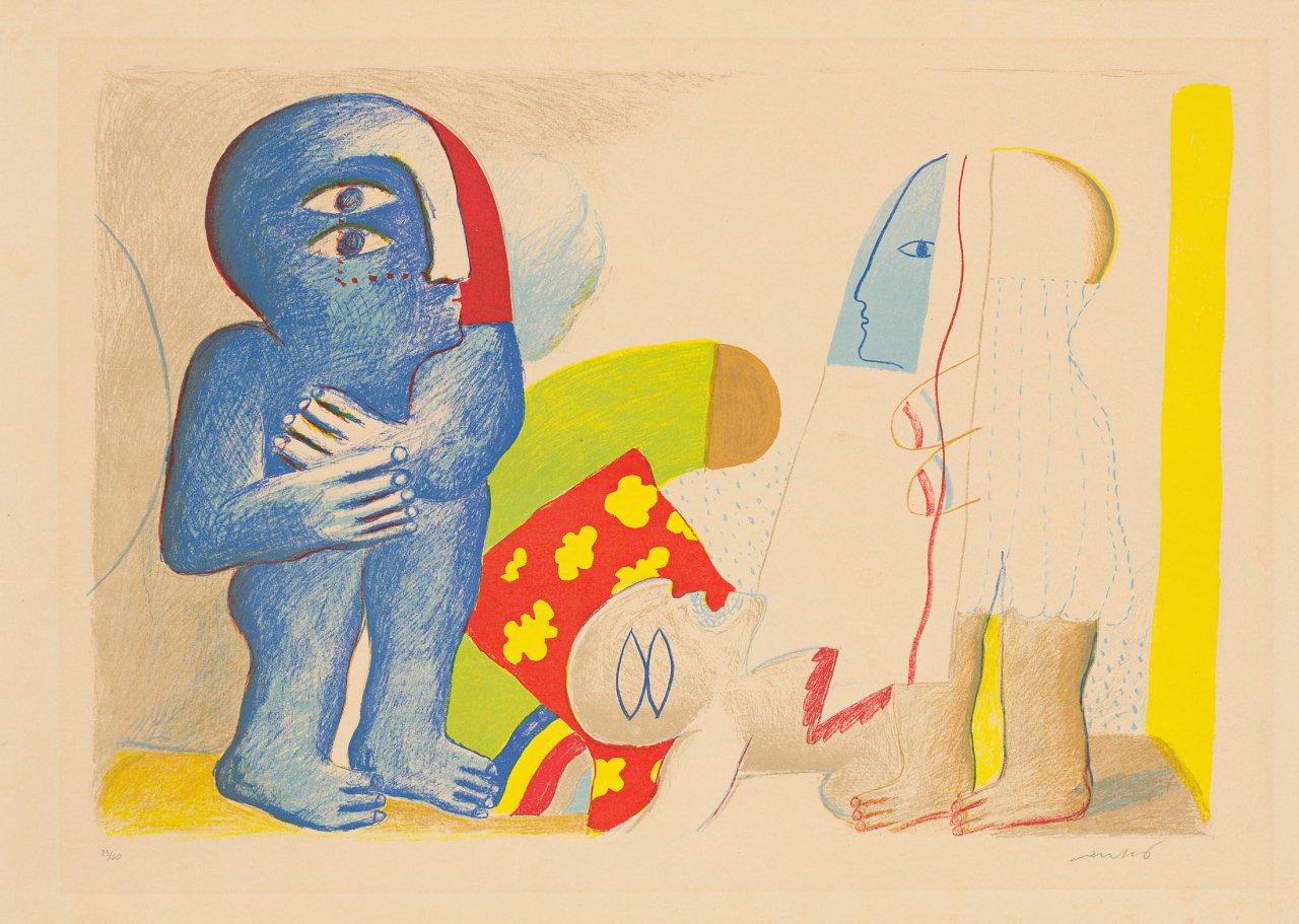 Auf diesem Bild ist das folgende Kunstwerk zu sehen: Horst Antes. „Paar mit toter Figur“. 1965.