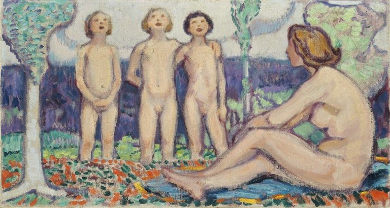 Auf diesem Bild ist das folgende Kunstwerk zu sehen: Ludwig von Hofmann. Frau mit singenden Kindern (Supraporte). 1918/19.