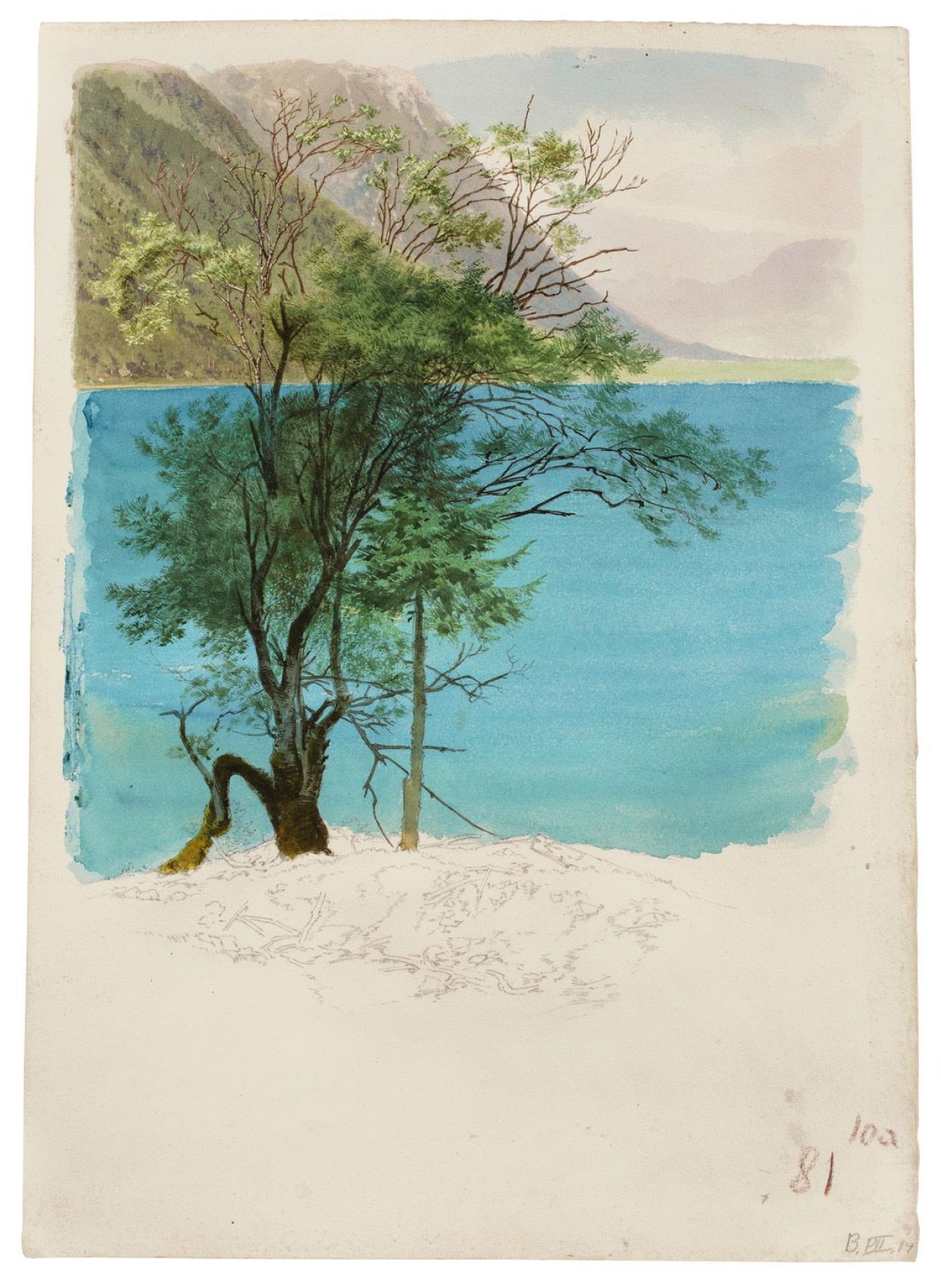 Auf diesem Bild ist das folgende Kunstwerk zu sehen: Carl Hummel (?). Zwei Bäume an einem Gebirgssee. Um 1850.