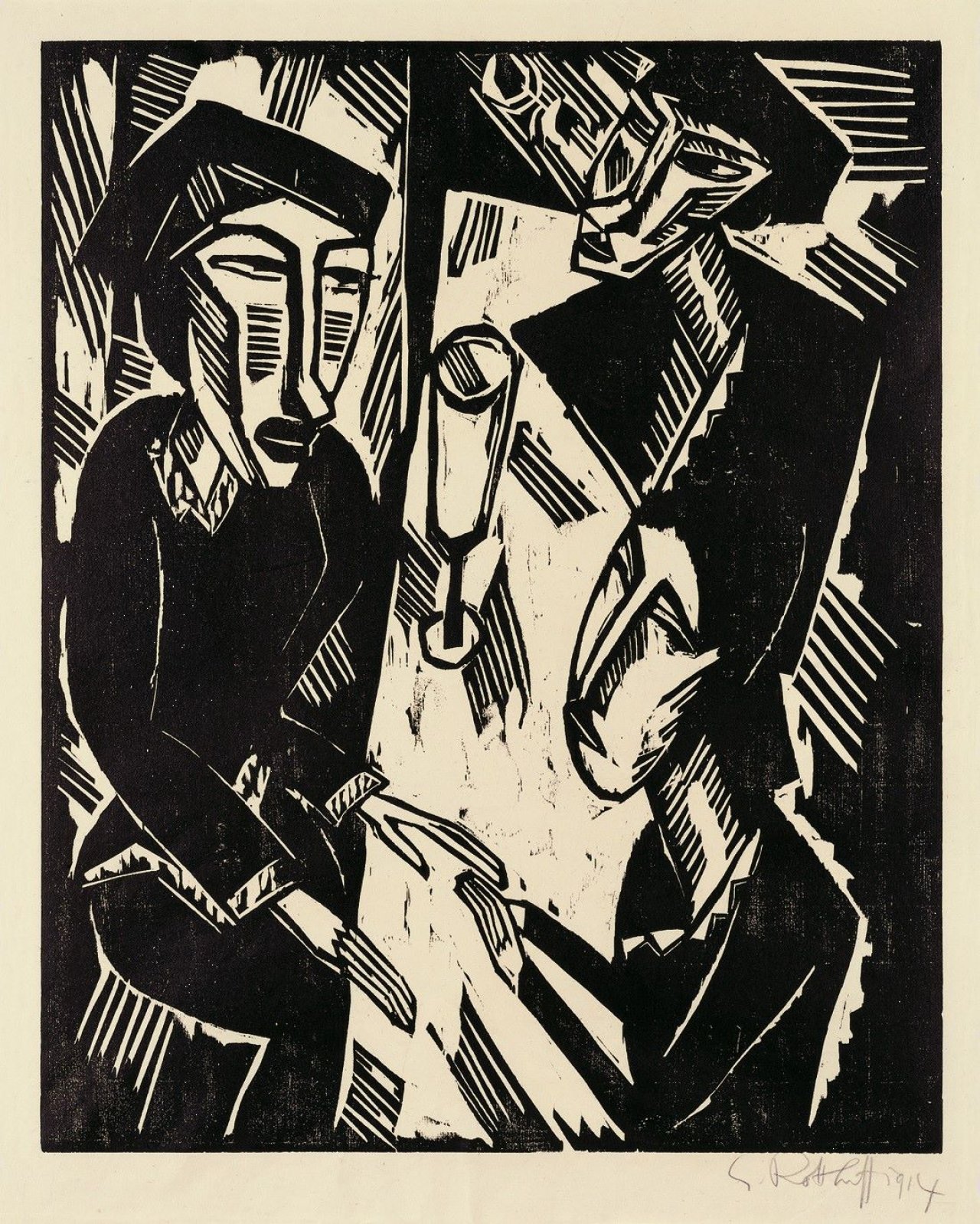 Auf diesem Bild ist das folgende Kunstwerk zu sehen: Karl Schmidt-Rottluff. „Drei am Tisch“. 1914.