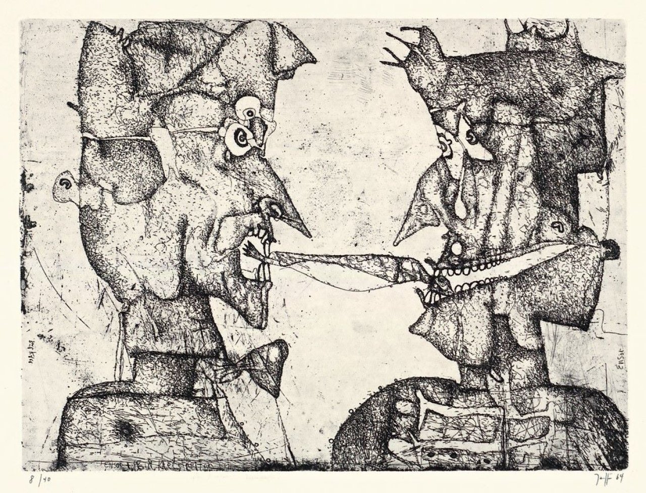 Auf diesem Bild ist das folgende Kunstwerk zu sehen: Horst Janssen. „Klee und Ensor um einen Bückling streitend“. 1961.