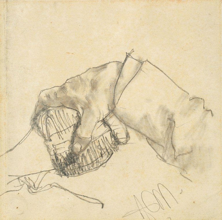 Auf diesem Bild ist das folgende Kunstwerk zu sehen: Adolph Menzel. Rechte Hand mit Korbflasche. 1889.