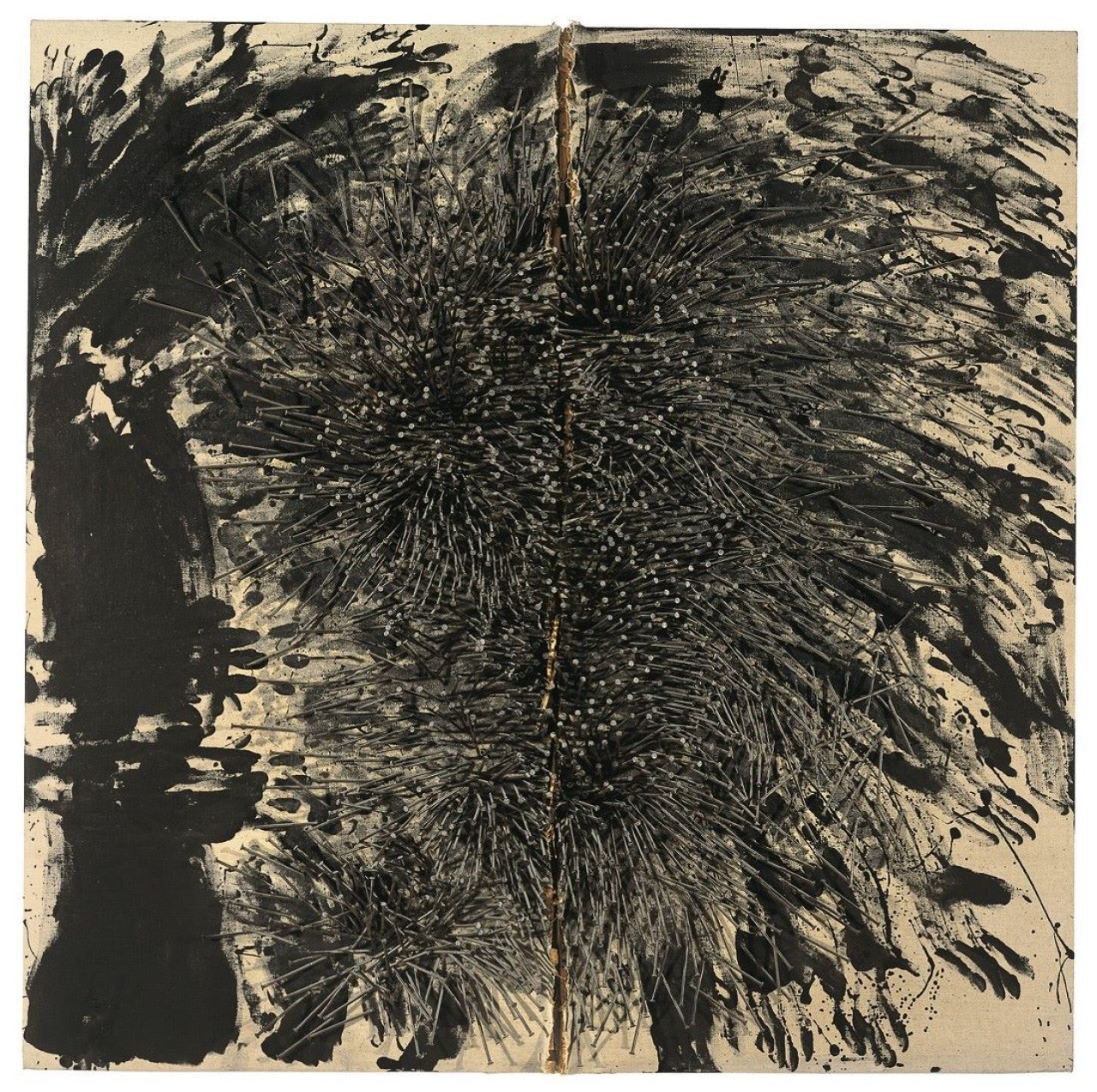 Auf diesem Bild ist das folgende Kunstwerk zu sehen: Günther Uecker. „Geteiltes Bild“. 1986.