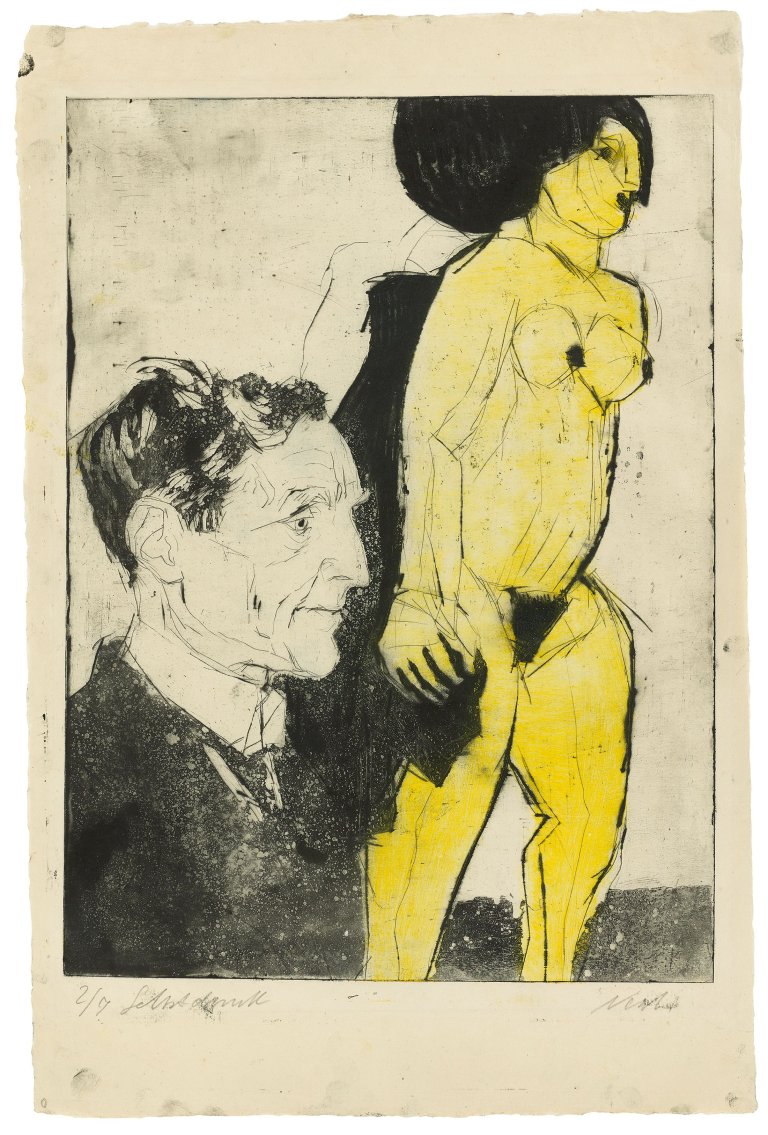Auf diesem Bild ist das folgende Kunstwerk zu sehen: Rolf Nesch. „Professor Sauerlandt“ (Max Sauerlandt mit Holzskulptur von E.L. Kirchner). 1930.