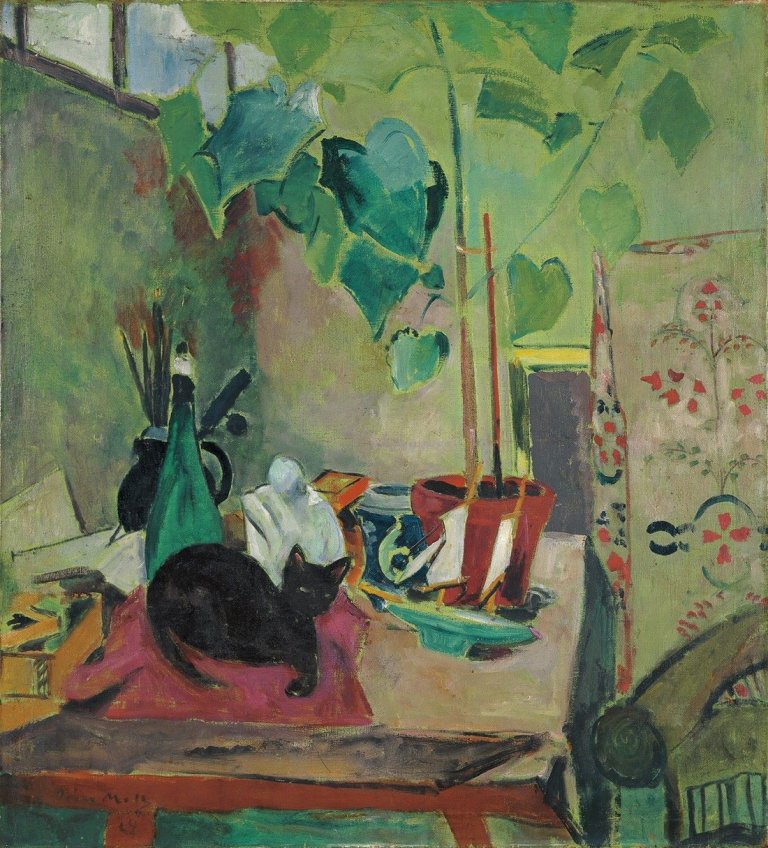 Auf diesem Bild ist das folgende Kunstwerk zu sehen: Oskar Moll. „Katze mit Zimmerlinde“. 1924.