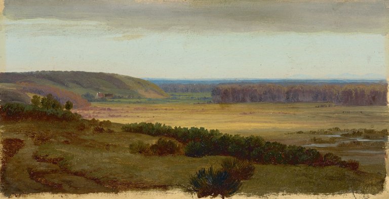Auf diesem Bild ist das folgende Kunstwerk zu sehen:  Deutsch, um 1840. Blick über eine Landschaft.
