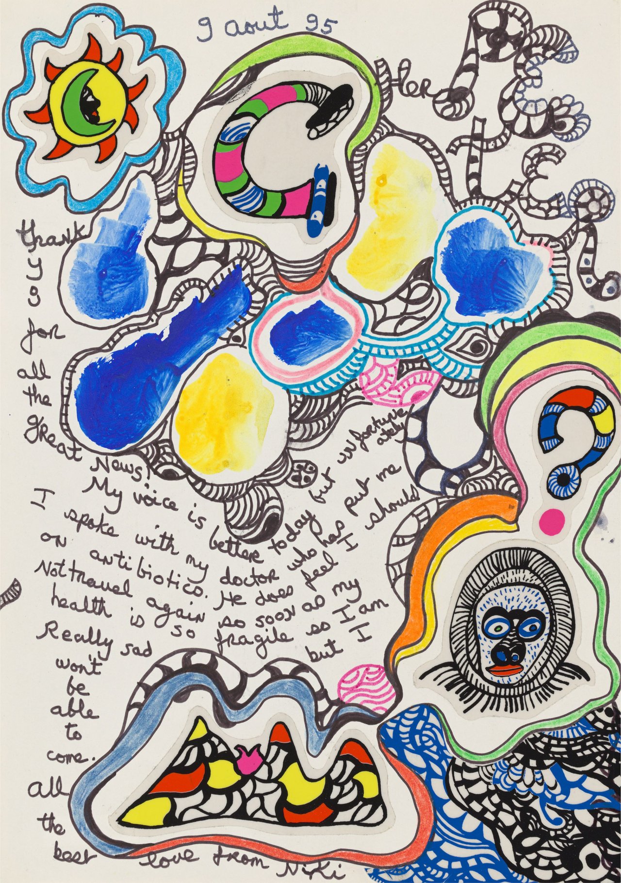Auf diesem Bild ist das folgende Kunstwerk zu sehen: Niki de Saint Phalle. „Cher Peter, thank you for all the great news!“. 1995.