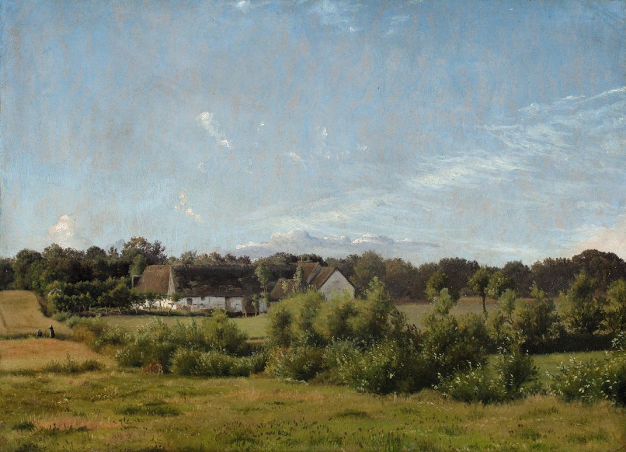 Auf diesem Bild ist das folgende Kunstwerk zu sehen: Vilhelm Kyhn. Bauernhof bei Valbye. 1848.