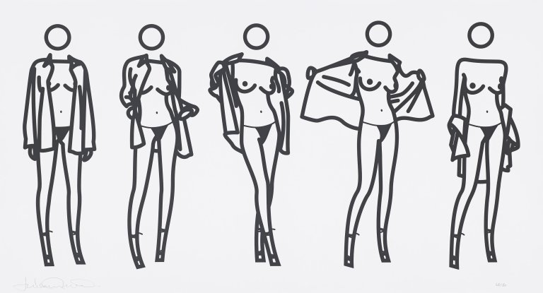 Auf diesem Bild ist das folgende Kunstwerk zu sehen: Julian Opie. Woman Taking Off Man's Shirt In Five Stages. 2004.