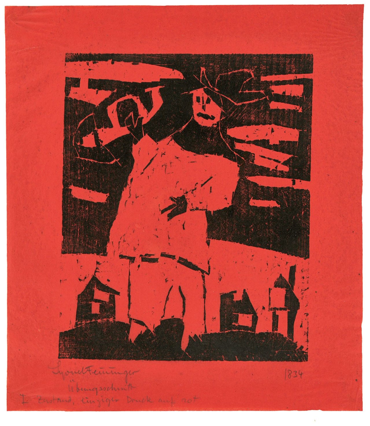 Auf diesem Bild ist das folgende Kunstwerk zu sehen: Lyonel Feininger. „Trompeter (mit Hut)“. 1918.