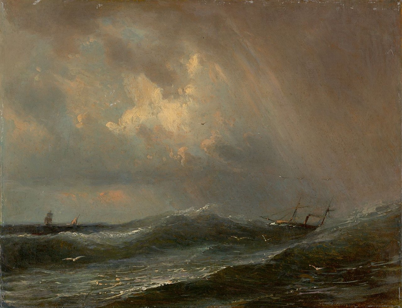 Auf diesem Bild ist das folgende Kunstwerk zu sehen: Carl Robert Kummer. „Stürmische See mit kenterndem Schiff“. Um 1865.