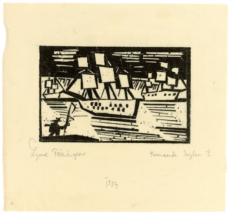 Auf diesem Bild ist das folgende Kunstwerk zu sehen: Lyonel Feininger. „Kreuzende Segelschiffe 1“. 1919.