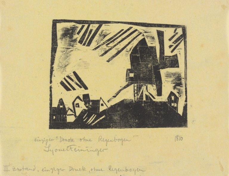 Auf diesem Bild ist das folgende Kunstwerk zu sehen: Lyonel Feininger. „Windmühle mit Regenbogen“. 1918.