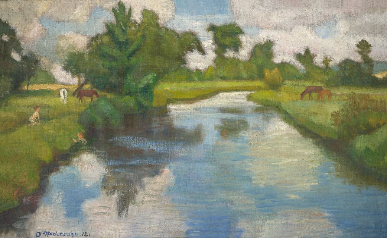 Auf diesem Bild ist das folgende Kunstwerk zu sehen: Otto Modersohn. „Sommertag an der Wümme“. 1912 / Rückseitig: „Brücke über einen Wümmestreek“.