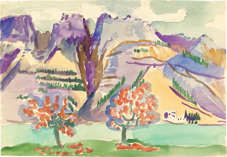 Auf diesem Bild ist das folgende Kunstwerk zu sehen: Ernst Ludwig Kirchner. Berglandschaft mit Bäumen. Mitte der 1920er Jahre.
