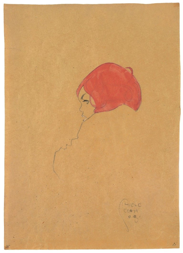 Auf diesem Bild ist das folgende Kunstwerk zu sehen: Egon Schiele. „Nach links blickendes Kind mit roter Kappe“. 1909.