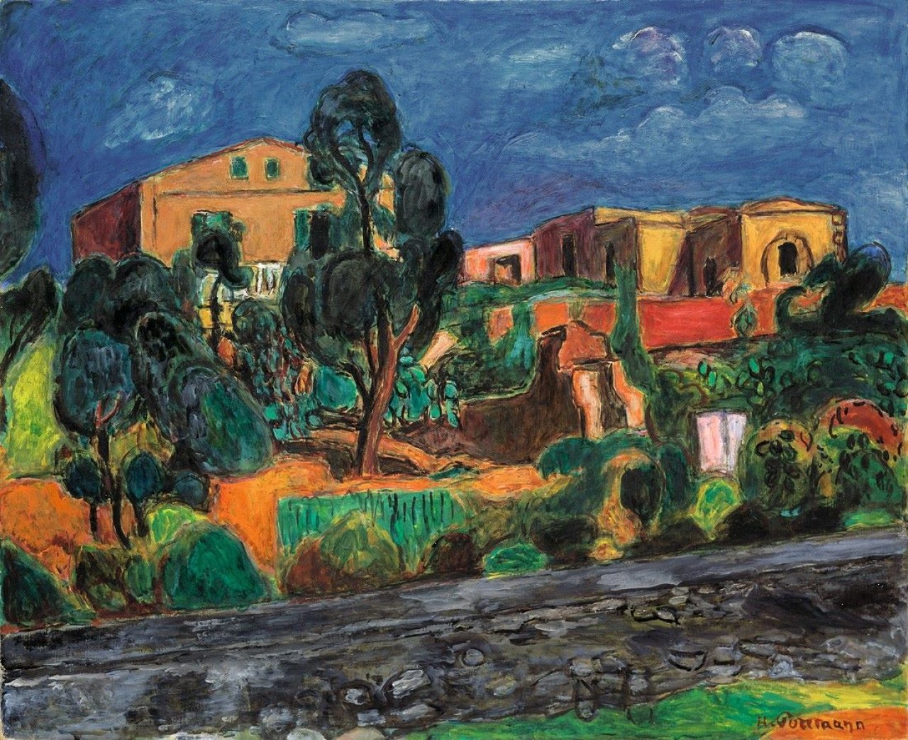 Auf diesem Bild ist das folgende Kunstwerk zu sehen: Hans Purrmann. „Häuser und Mauern in Porto d'Ischia“. 1957.