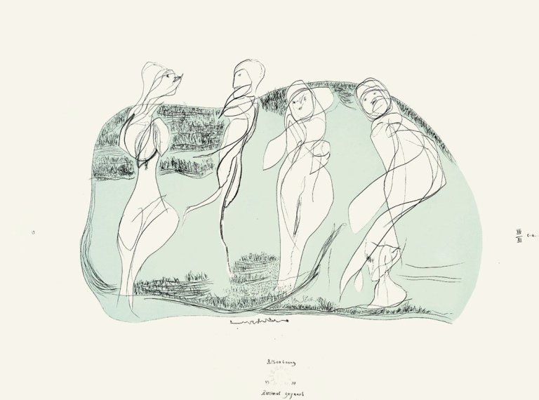 Auf diesem Bild ist das folgende Kunstwerk zu sehen: Gerhard Altenbourg. „Zweimal gepaart“ / „Einer Lilie Fallgrube und balzende Nacktzunge“. 1984/1985.