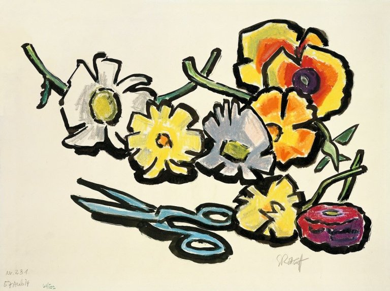 Auf diesem Bild ist das folgende Kunstwerk zu sehen: Karl Schmidt-Rottluff. „Schere und Blumen“. 1961.