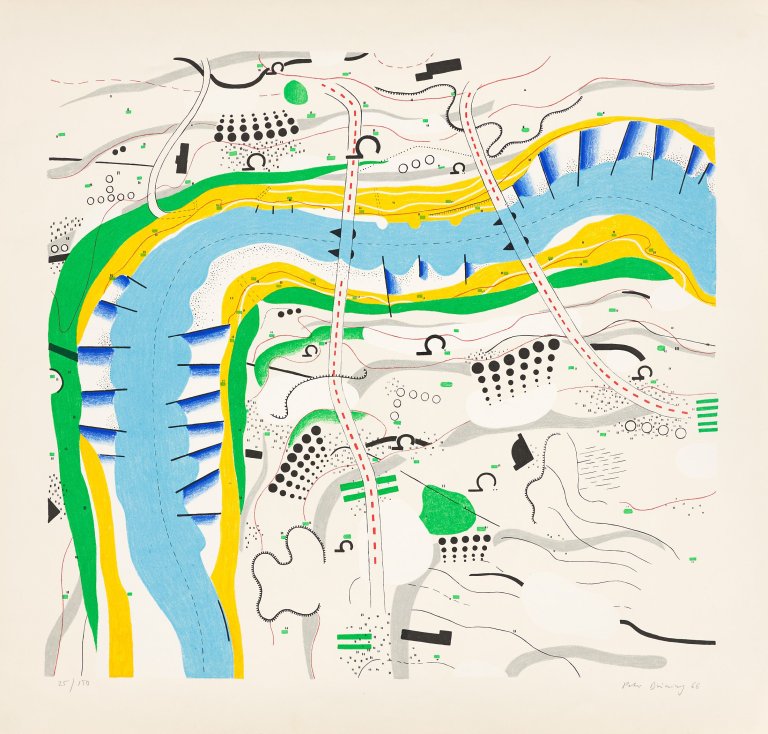 Auf diesem Bild ist das folgende Kunstwerk zu sehen: Peter Brüning. Rhein. 1966.