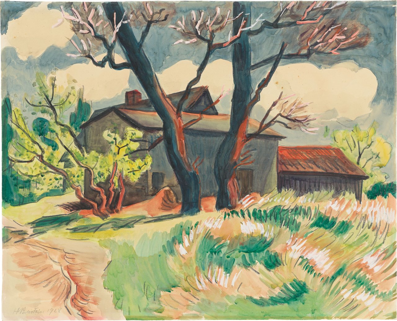 Auf diesem Bild ist das folgende Kunstwerk zu sehen: Max Pechstein. Landschaft mit Hof und blühenden Bäumen. 1928.