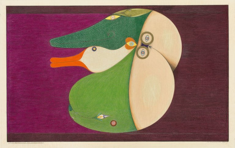 Auf diesem Bild ist das folgende Kunstwerk zu sehen: Friedrich Schröder-Sonnenstern. „Das Klubwappen der Leerlaufredner“. 1960.