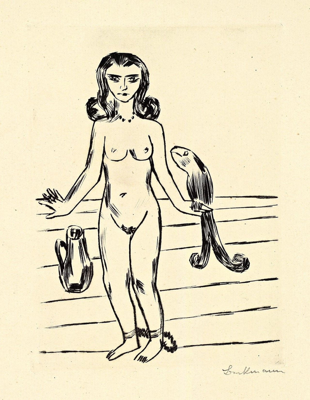 Auf diesem Bild ist das folgende Kunstwerk zu sehen: Max Beckmann. „Die Prinzessin Ursula von Bärwalde im Schloßturm von König Jerum gefangen, beraten von dem guten Vogel Neuntöter“. 1923.