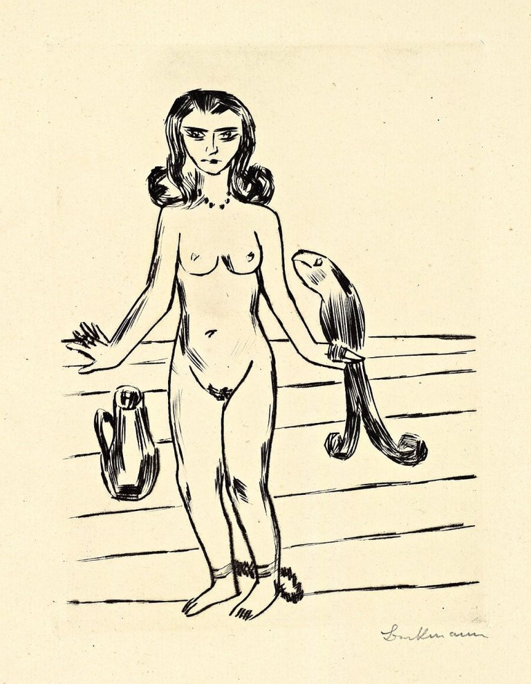 Auf diesem Bild ist das folgende Kunstwerk zu sehen: Max Beckmann. „Die Prinzessin Ursula von Bärwalde im Schloßturm von König Jerum gefangen, beraten von dem guten Vogel Neuntöter“. 1923.