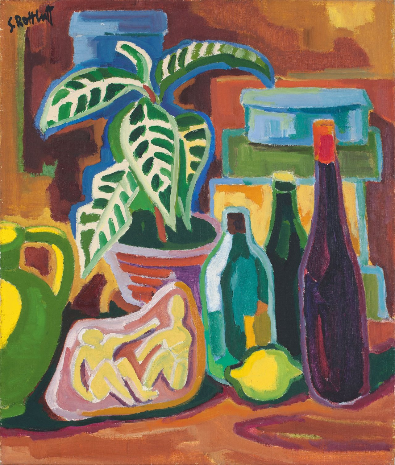 Auf diesem Bild ist das folgende Kunstwerk zu sehen: Karl Schmidt-Rottluff. „Stilleben mit Flaschen und Blattpflanze“. 1952.