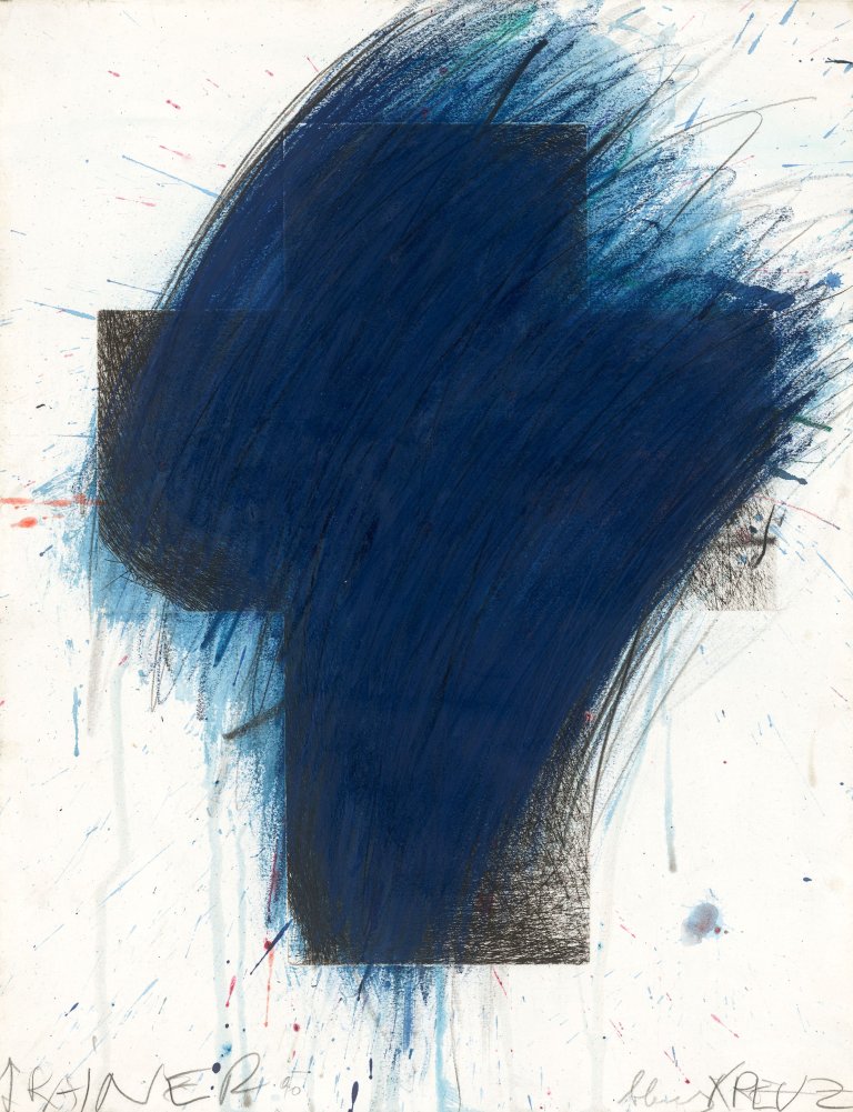 Auf diesem Bild ist das folgende Kunstwerk zu sehen: Arnulf Rainer. „blaues KREUZ“. 1990.
