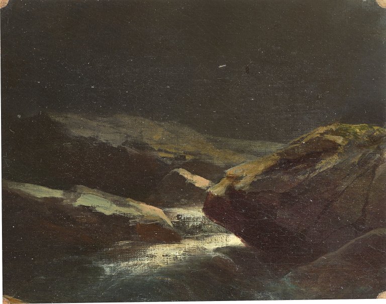 Auf diesem Bild ist das folgende Kunstwerk zu sehen:  Dresden, um 1850. „Im Plauenschen Grund bey Nacht“. (Nach) 1847.