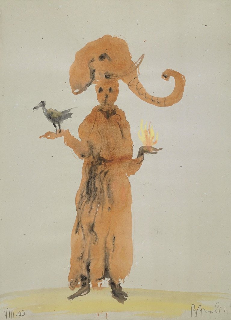 Auf diesem Bild ist das folgende Kunstwerk zu sehen: Miquel Barceló. „Scène Mystique Avec Tête d´Éléphant“. 2000.
