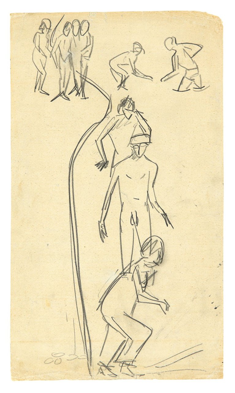 Auf diesem Bild ist das folgende Kunstwerk zu sehen: Ernst Ludwig Kirchner. „Badende an der Elbe“. 1910.