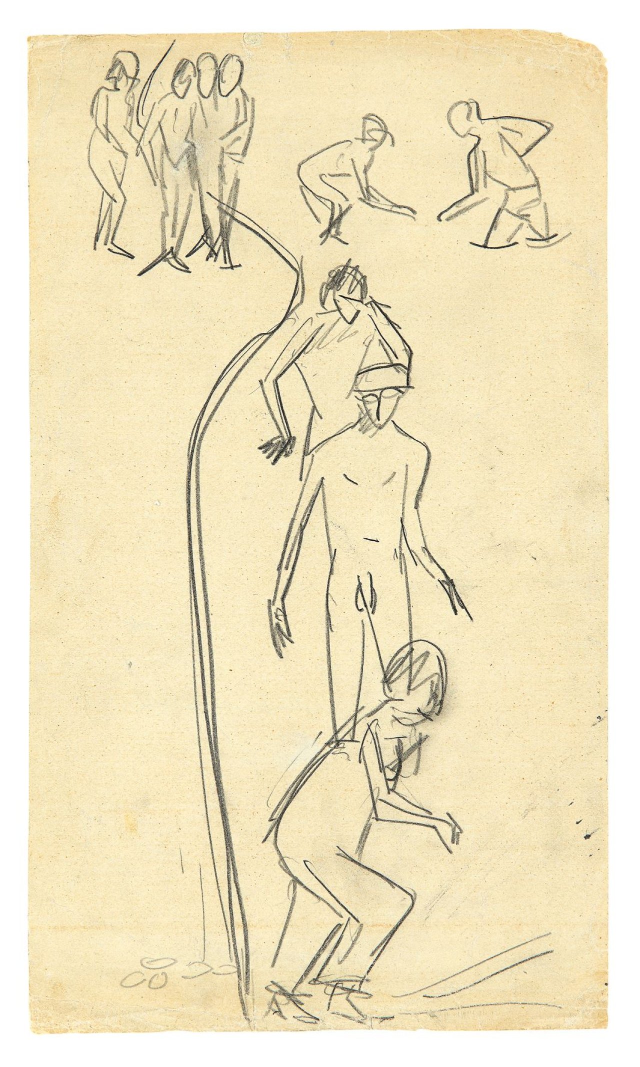 Auf diesem Bild ist das folgende Kunstwerk zu sehen: Ernst Ludwig Kirchner. „Badende an der Elbe“. 1910.