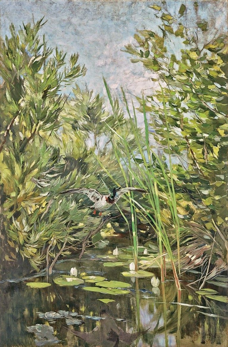 Auf diesem Bild ist das folgende Kunstwerk zu sehen: Karl Hagemeister. „Teichlandschaft (Johannistal) mit auffliegender Stockente“. 1889.